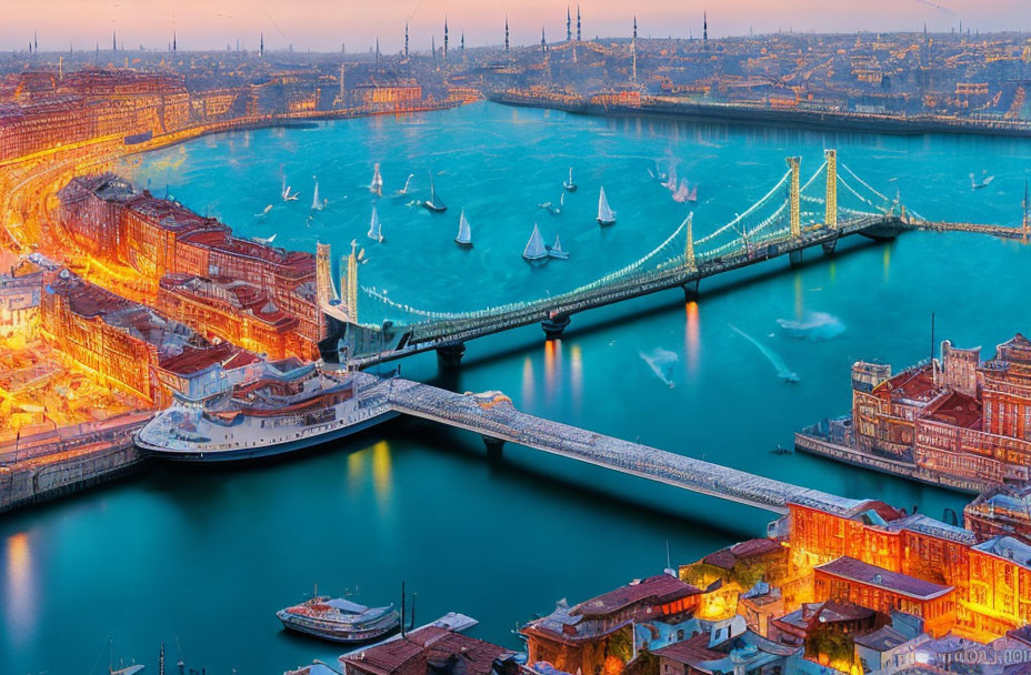 Vibrant city at twilight with illuminated streets and suspension bridge