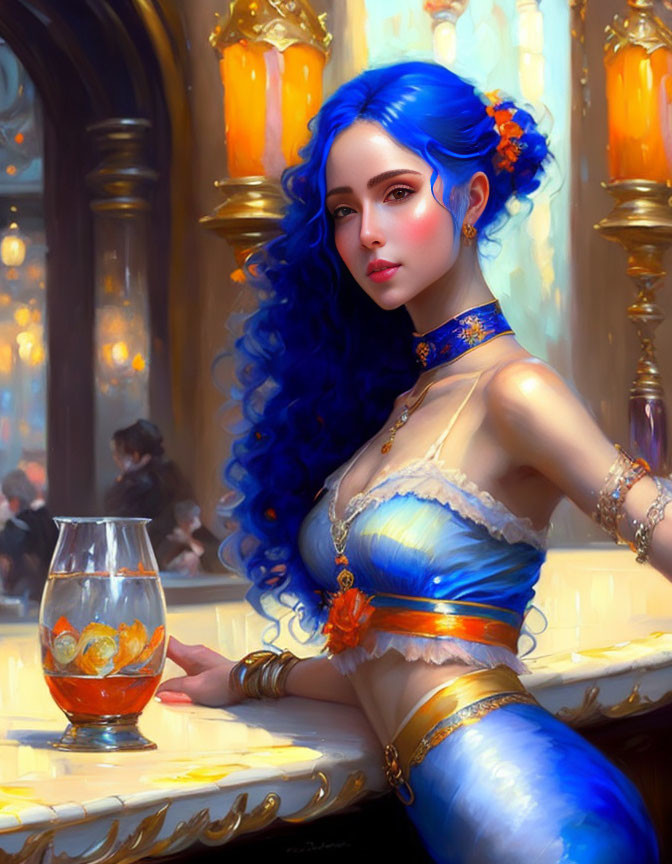 Woman with vibrant blue hair sitting at bar with blurred figures in warm-lit background