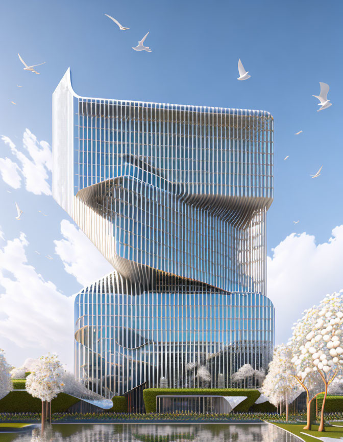 Contemporary glass building with undulating facade, trees, water feature, and birds under blue sky