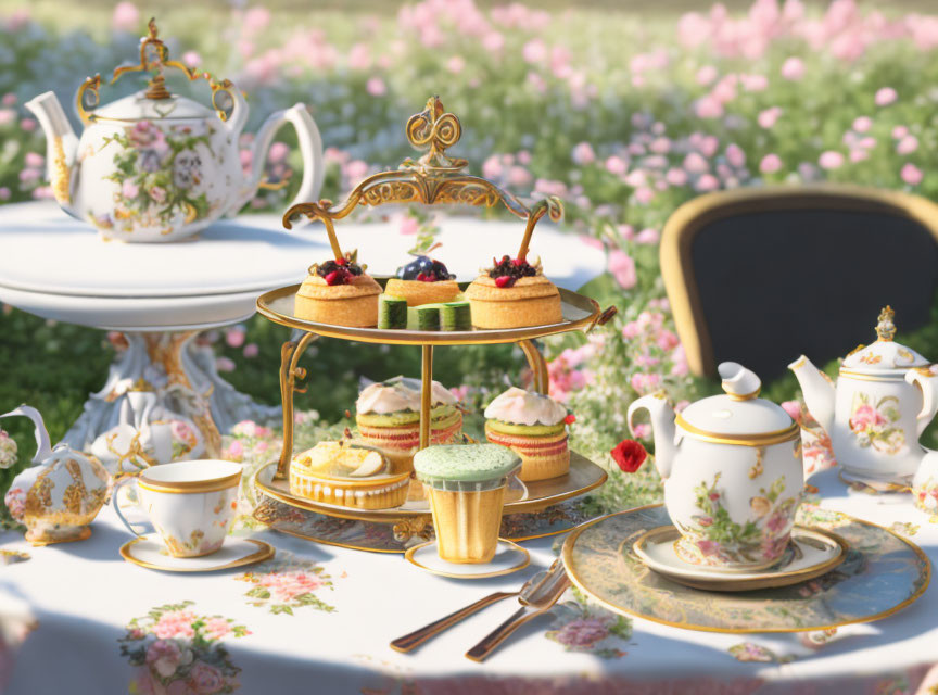 Elegant Afternoon Tea Set with Tiered Cake Stand and Pink Flowers