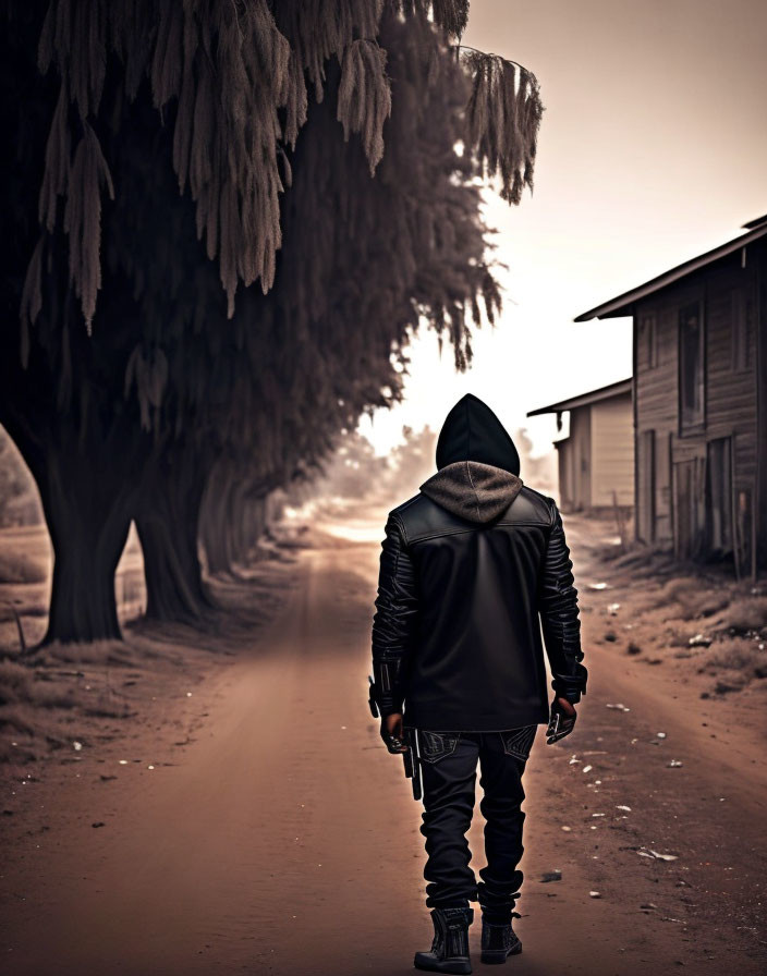 Person in black hoodie walking on dusty road with trees and wooden structure in sepia-toned scene