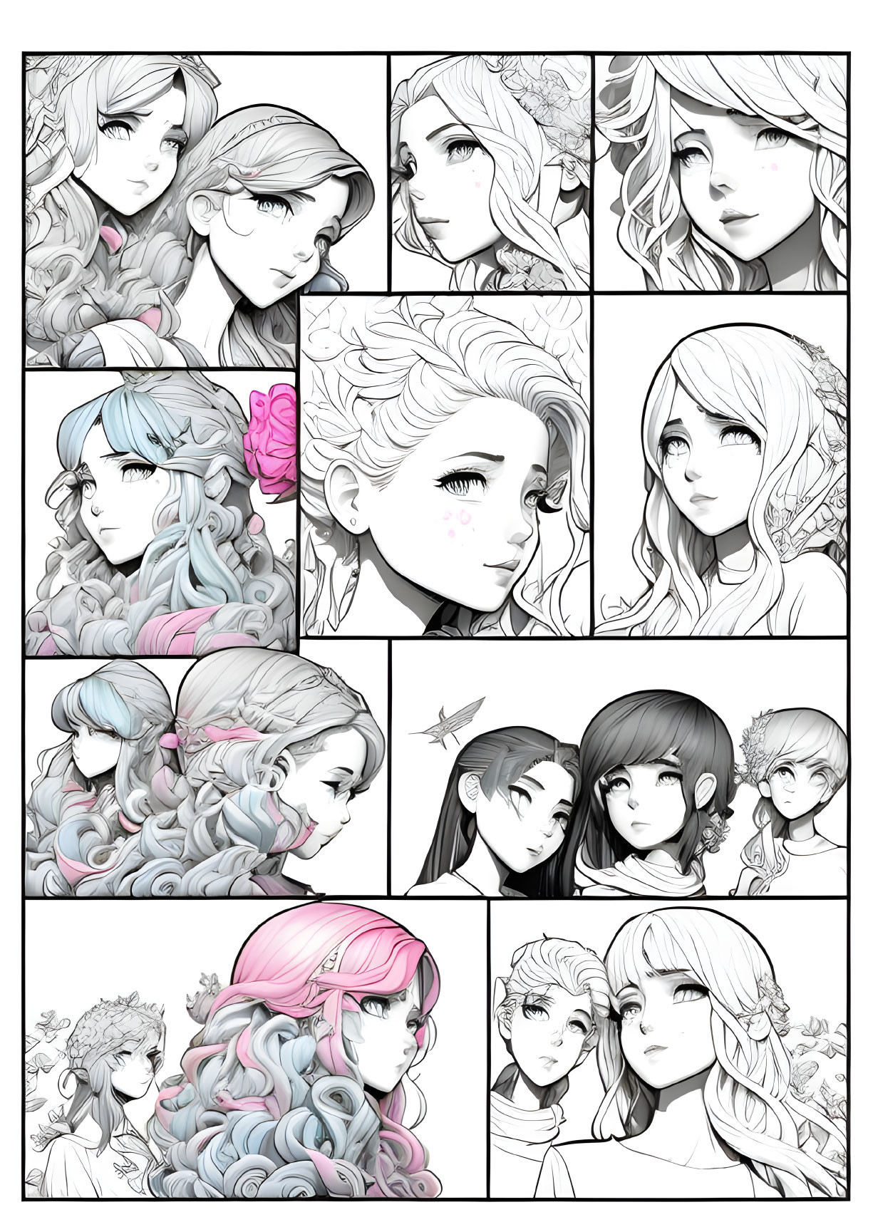 Manga-style female character portraits with diverse hairstyles and expressions