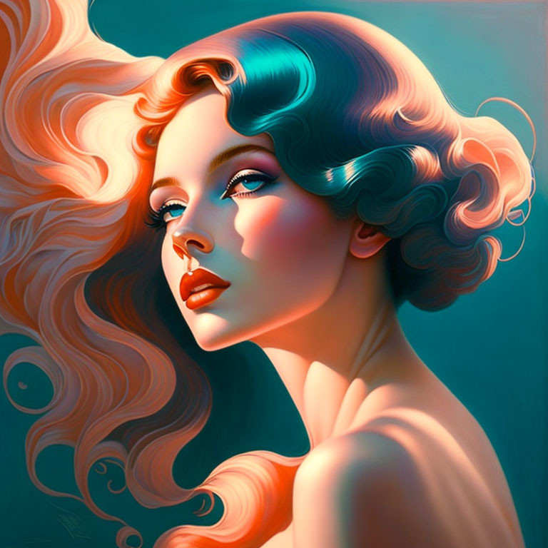 Woman with Flowing Turquoise and Orange Hair in Serene Illustration