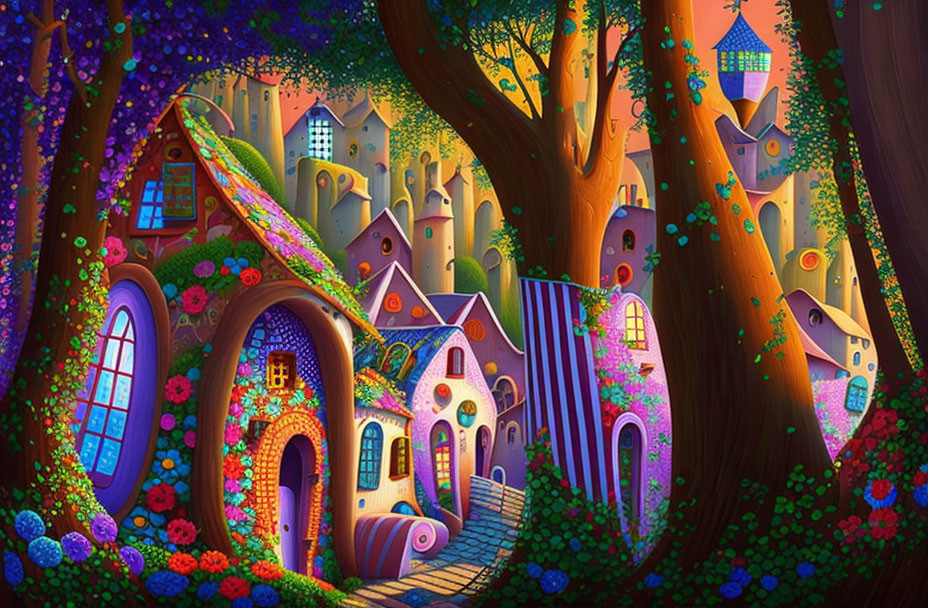 Colorful Fantastical Treehouses in Vibrant Twilight Forest