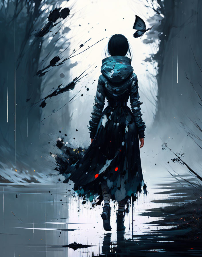 Girl walking in dark forest with rain and butterflies, figure dissolving into paint splatters