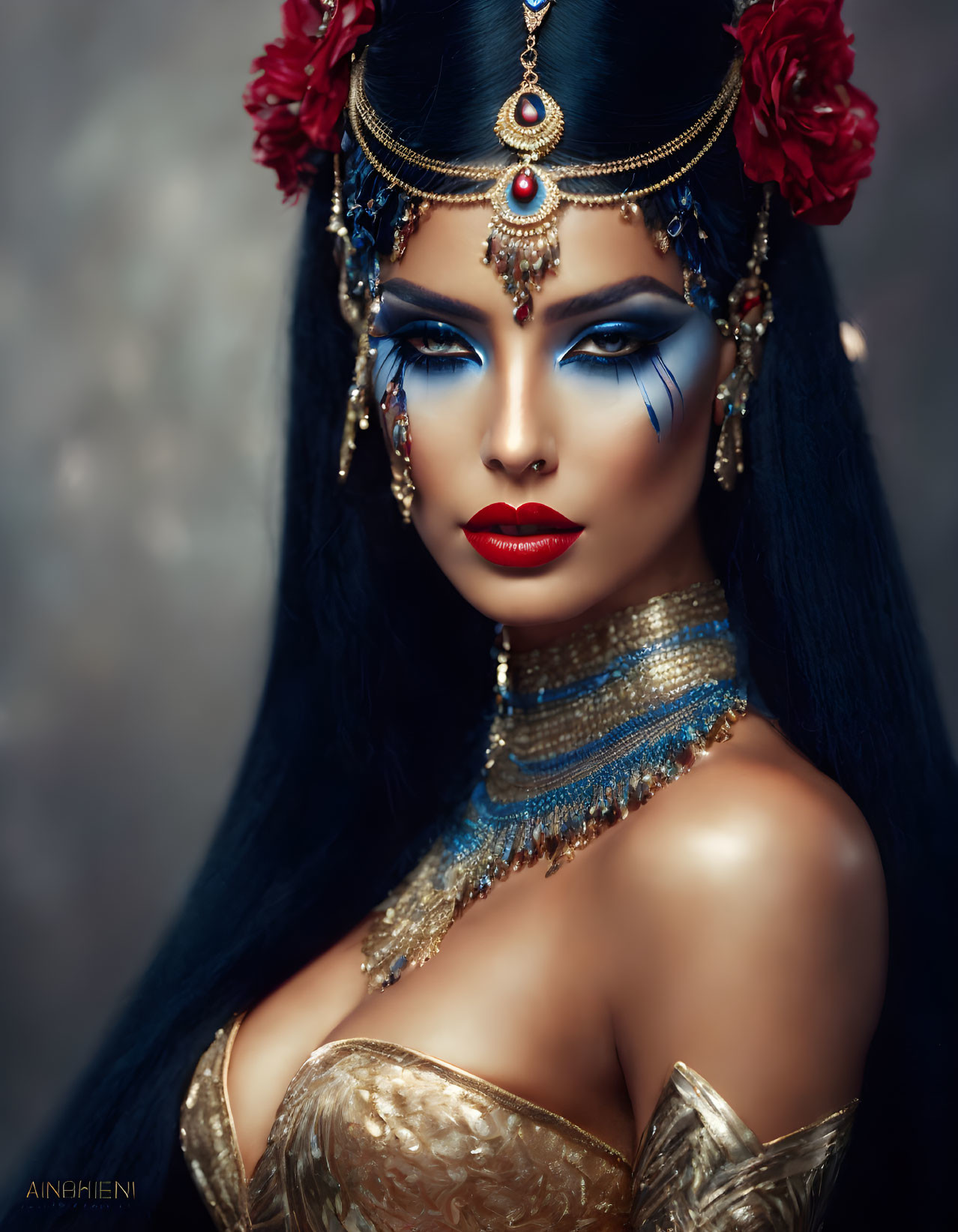 Woman with Blue Eyeshadow, Red Lipstick, Gold Jewelry, Headpiece, and Red Flowers