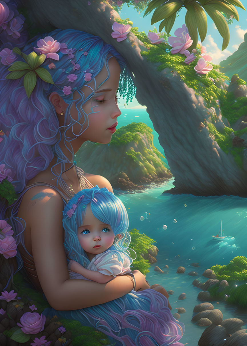 Lilac-Haired Woman with Child by Tropical Cove and Sailing Boat