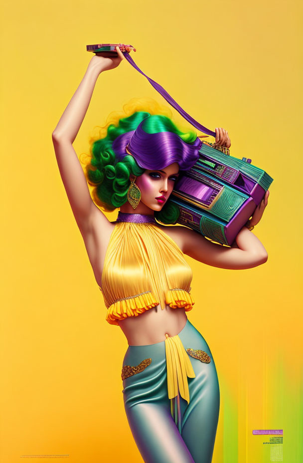 Vibrant green and purple hair woman with boombox in vintage outfit pose on yellow background