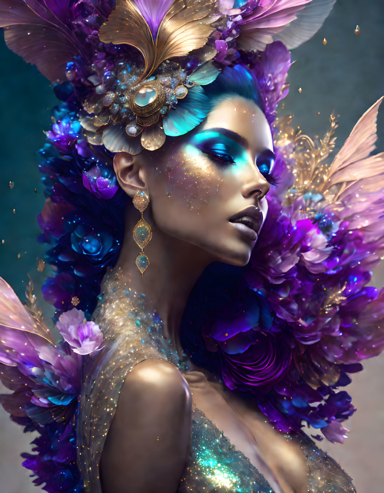 Vibrant purple flowers adorn woman in elaborate headdress.