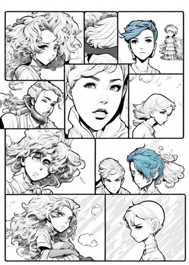 Black and White Comic Strip: Characters with Distinctive Hairstyles and Blue Highlights