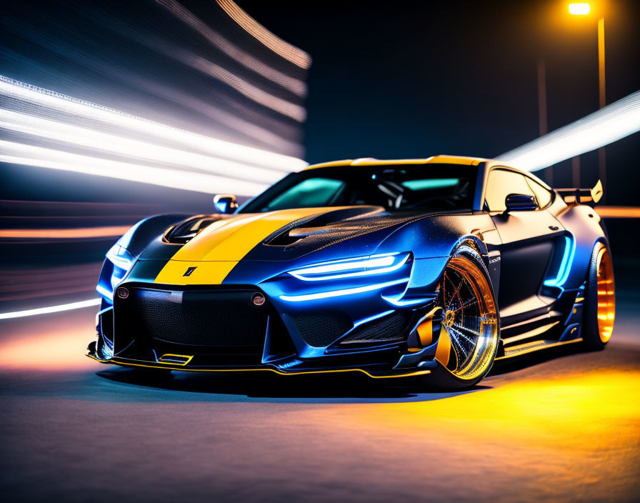 Dynamic Blue and Yellow Sports Car with Glowing Wheel Rims in Motion