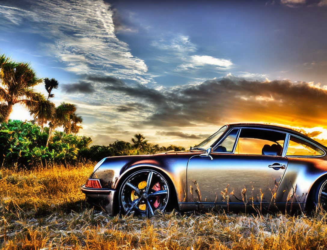 Vintage Car Parked on Grass Under Vibrant Sunset Sky