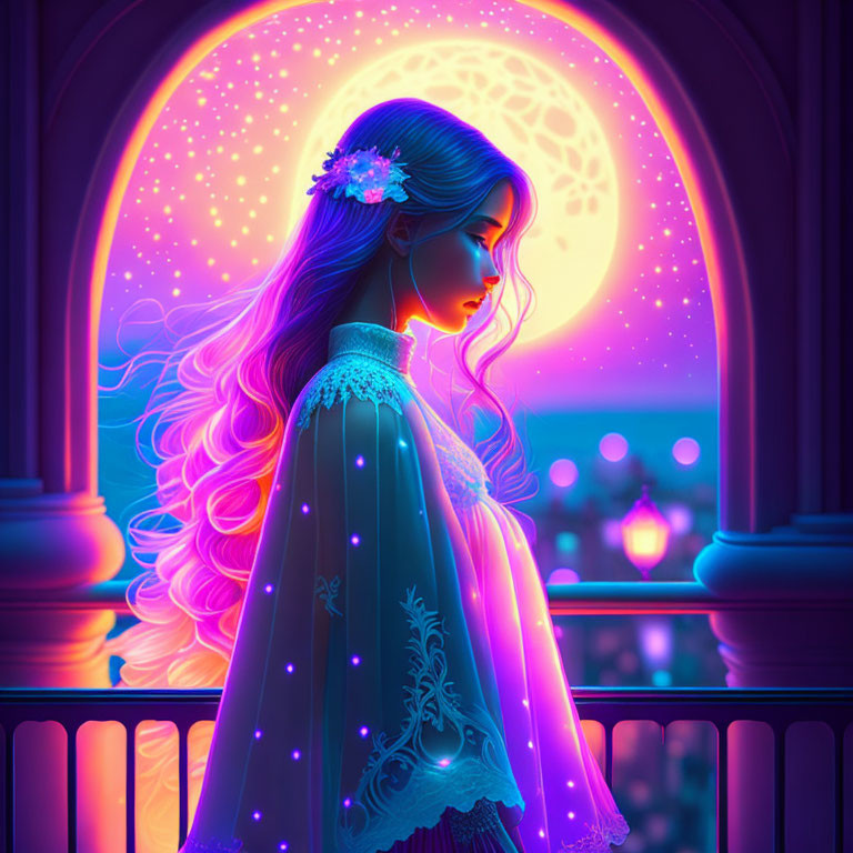 Ethereal woman with long hair on neon-lit balcony under full moon