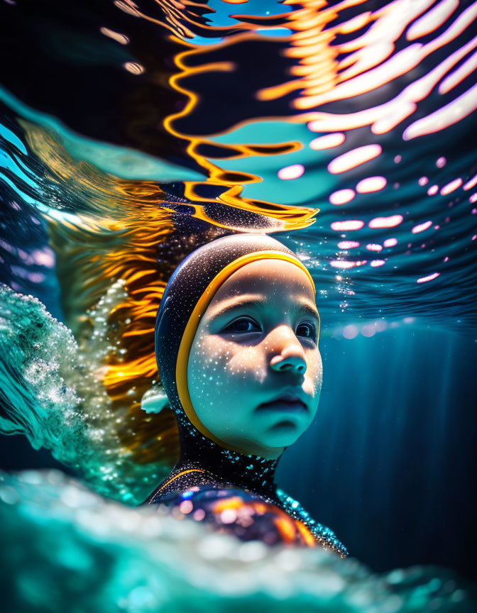 Child in Swimming Cap Submerged in Clear Water with Light Reflections