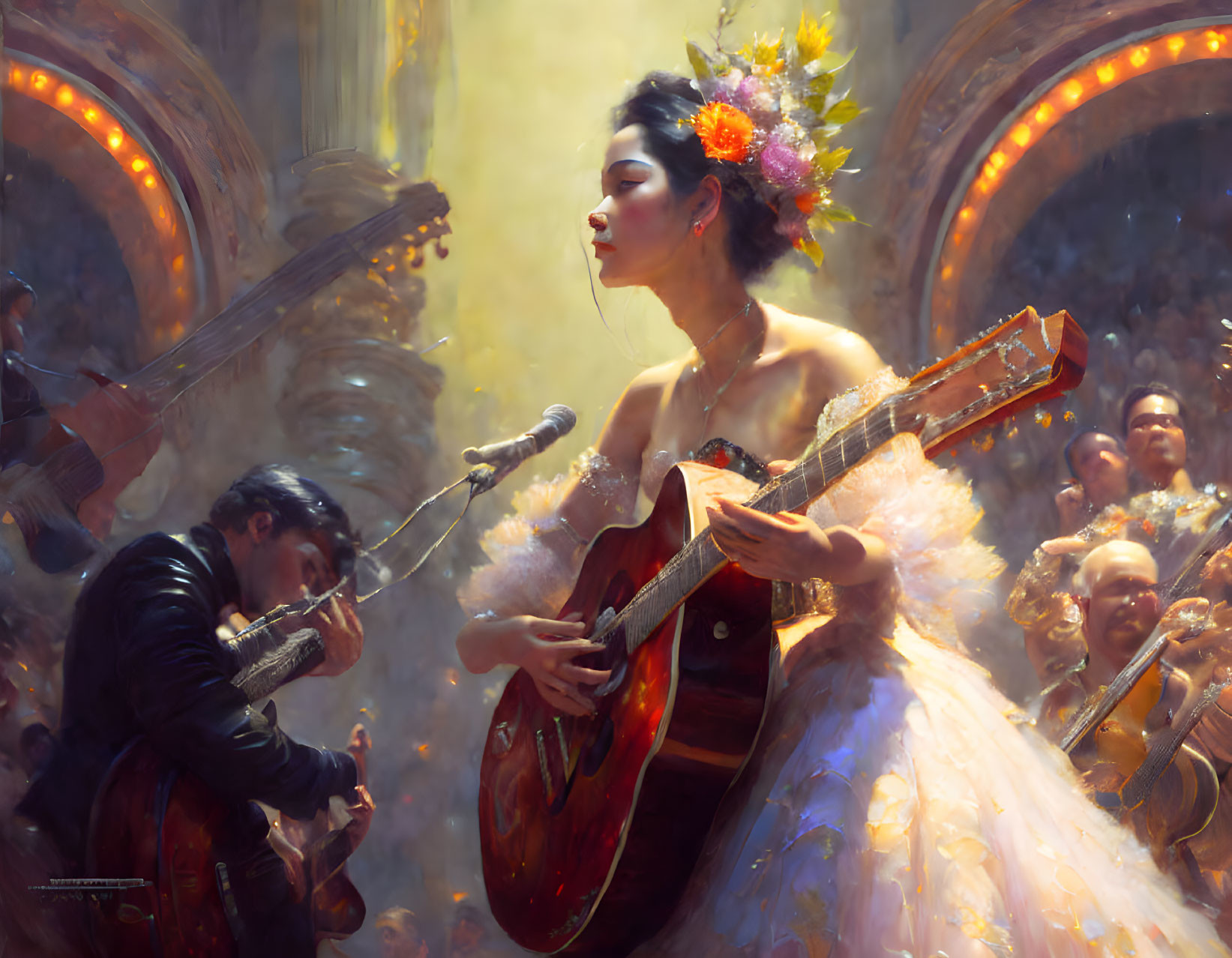 Woman in floral headpiece sings with guitar in ethereal setting