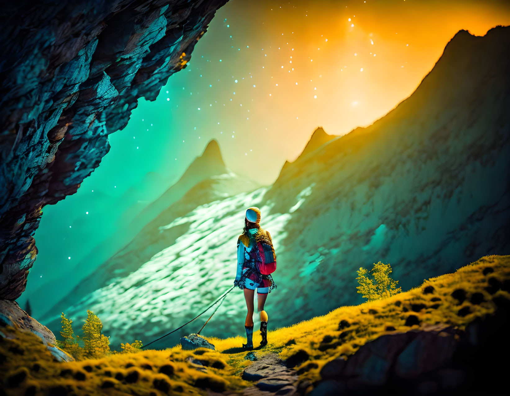 Hiker admires starry sky over twilight mountains