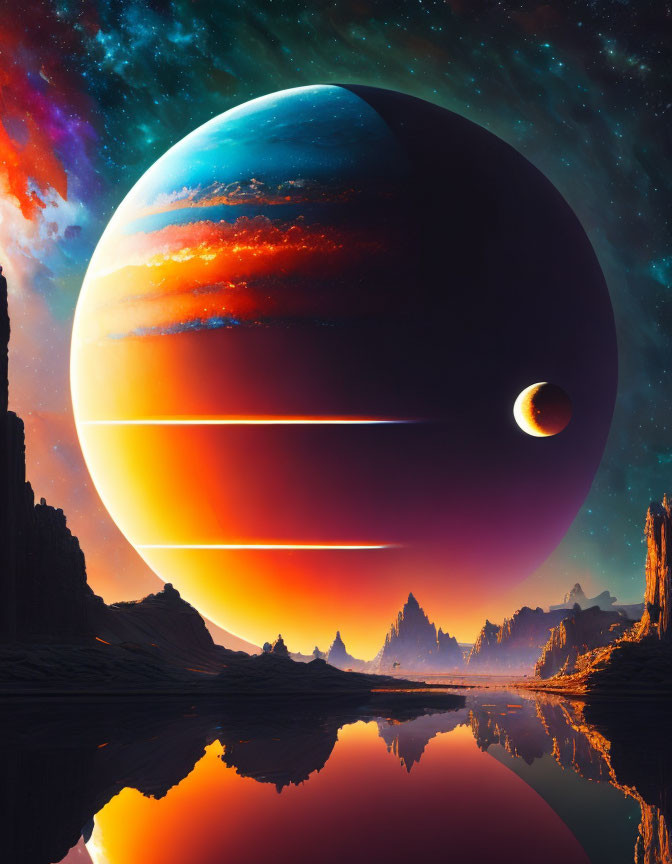 Sci-fi landscape with celestial bodies, water reflection, rocky terrain & starry sky