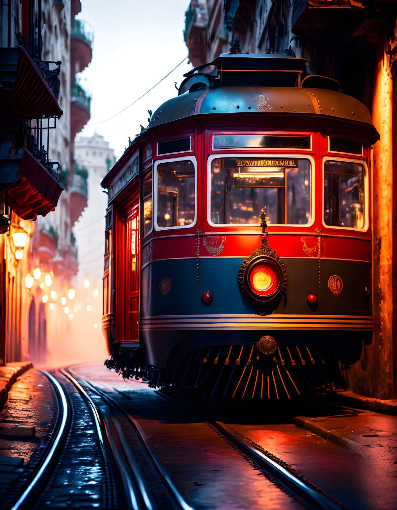 Vintage Tram on Cobblestone Street at Twilight with Warm Glowing Lights