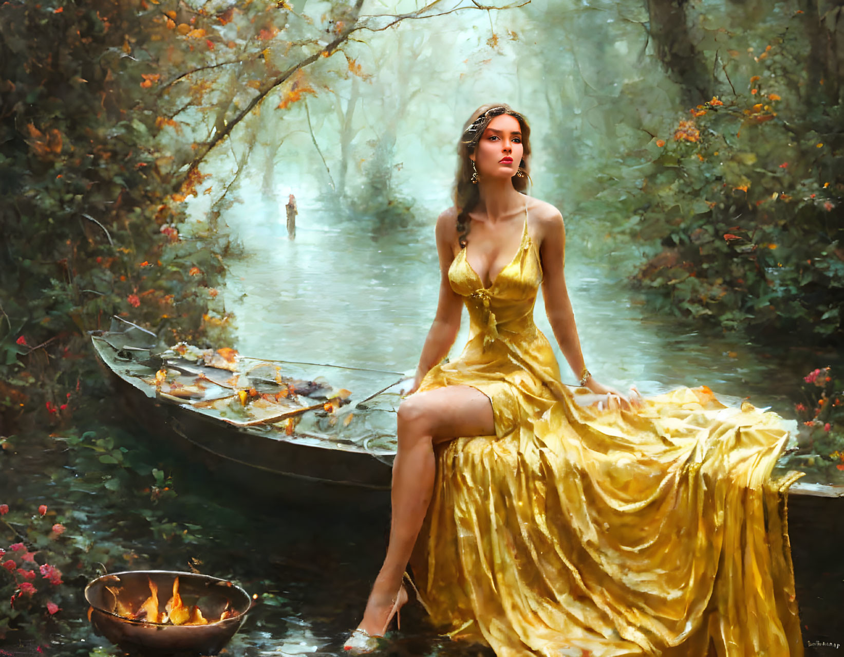 Woman in golden dress on boat in misty autumn forest with fire bowl & figure in background