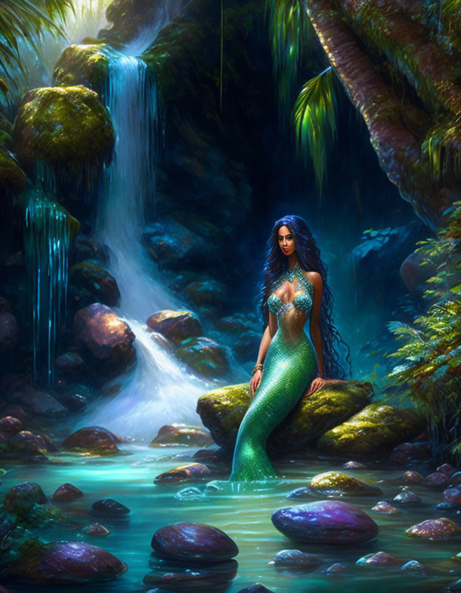 Dark-haired mermaid with green tail at waterfall in lush forest