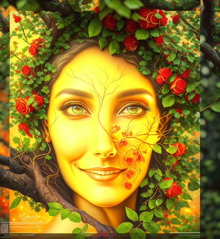 Woman's face blended with nature elements: tree branches, leaves, and red roses