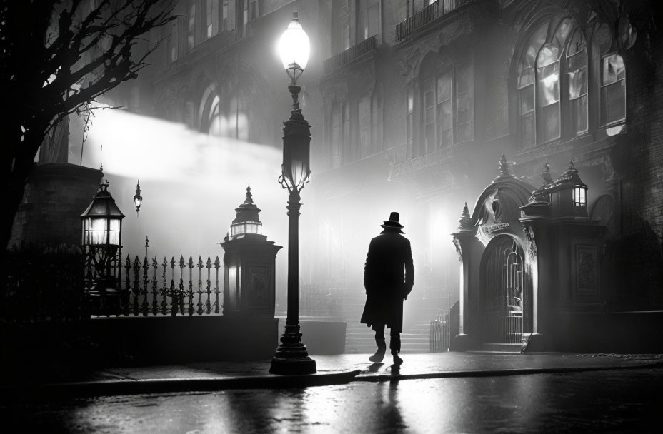 Silhouette of person in hat on misty cobbled street at night