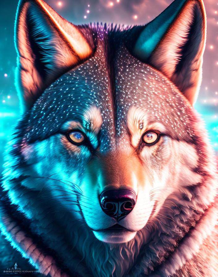 Colorful Wolf Art with Cosmic Background and Piercing Eyes