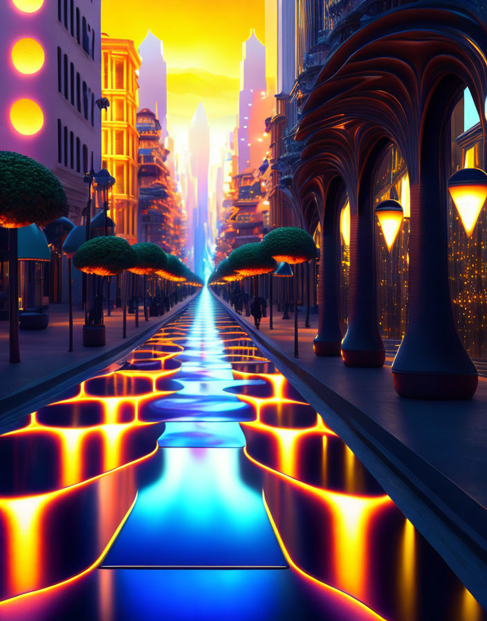 Futuristic city street with neon-lit pavement and modern buildings