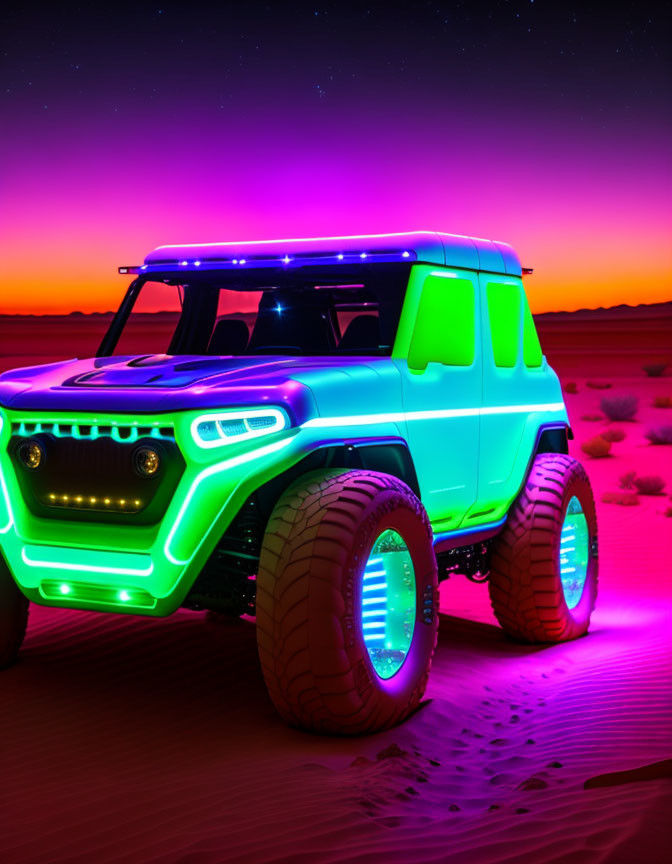 Neon-Lit Concept Vehicle with Oversized Tires in Desert Twilight