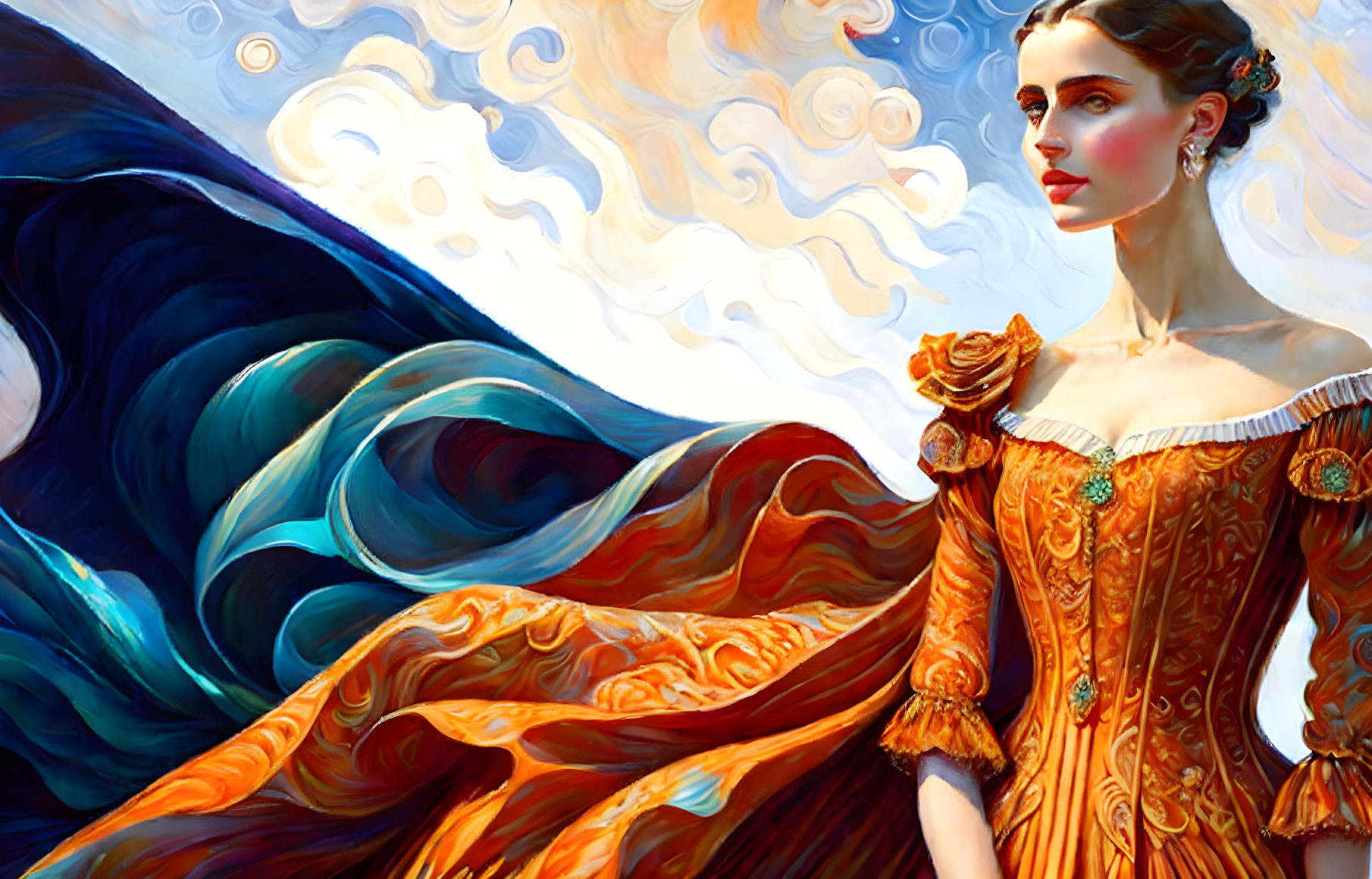 Woman in Orange Dress with Swirling Blue Background reminiscent of Van Gogh's Style