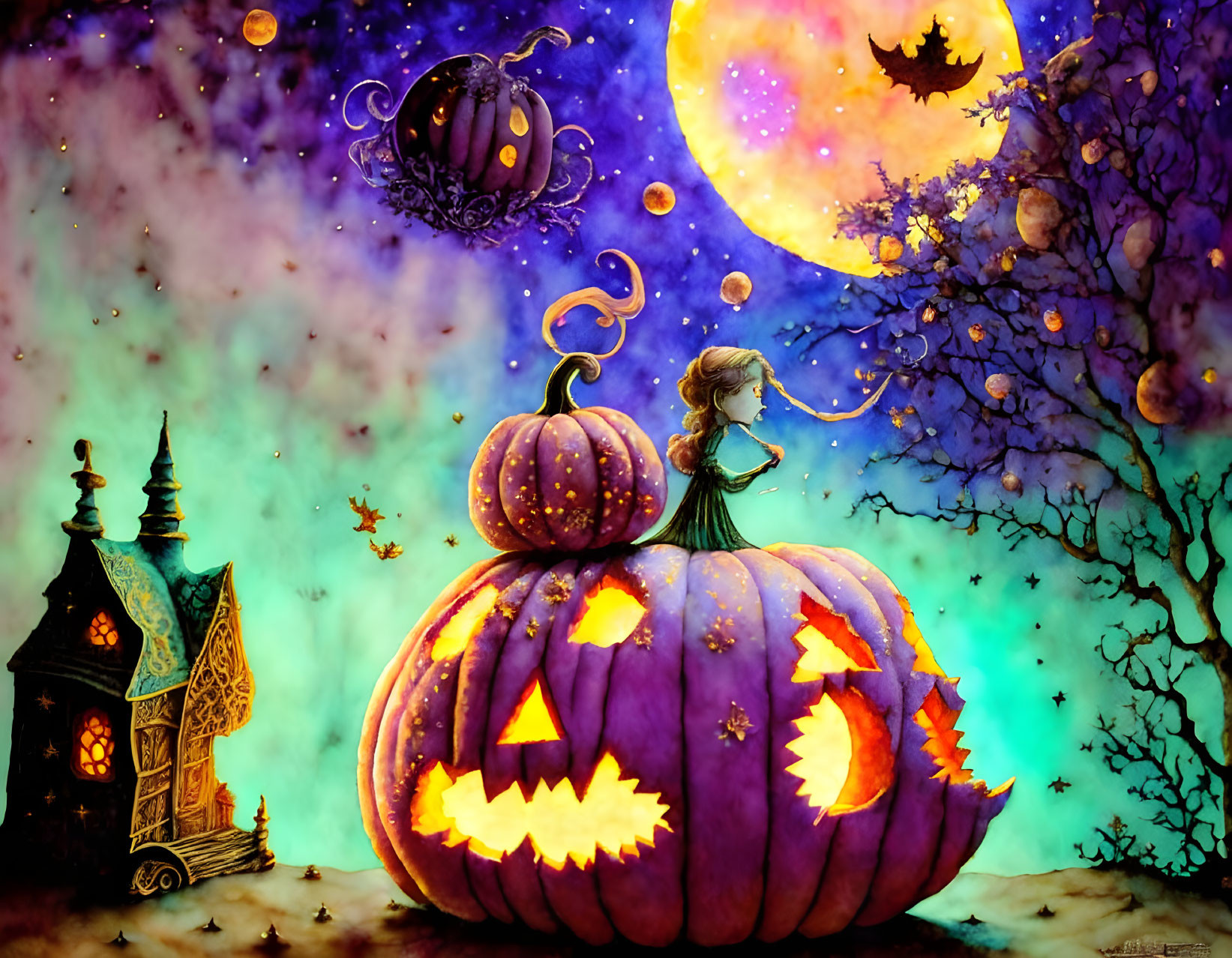 Whimsical Halloween-themed girl on pumpkin with bats & spooky house