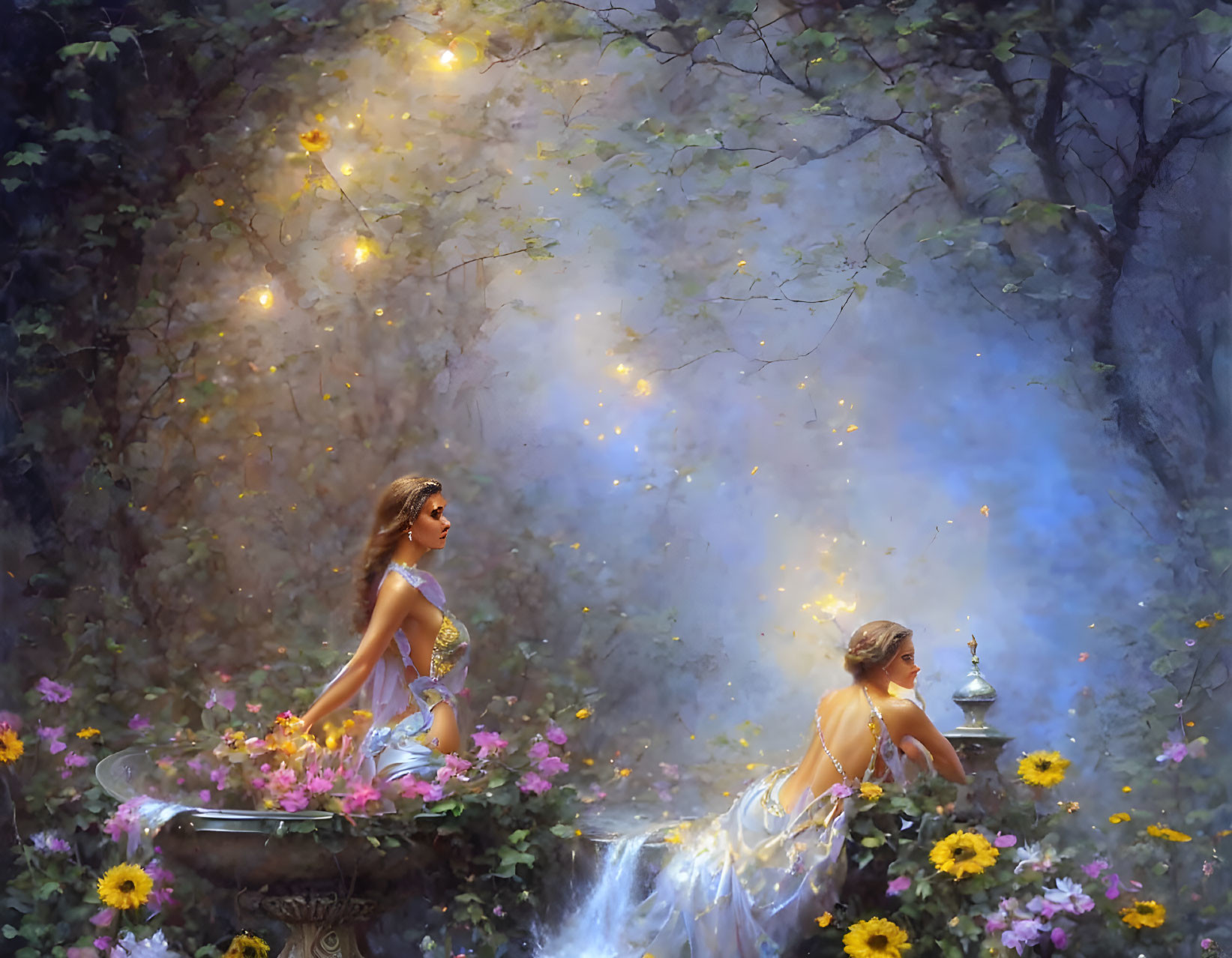 Mystical forest scene with two women near fountain