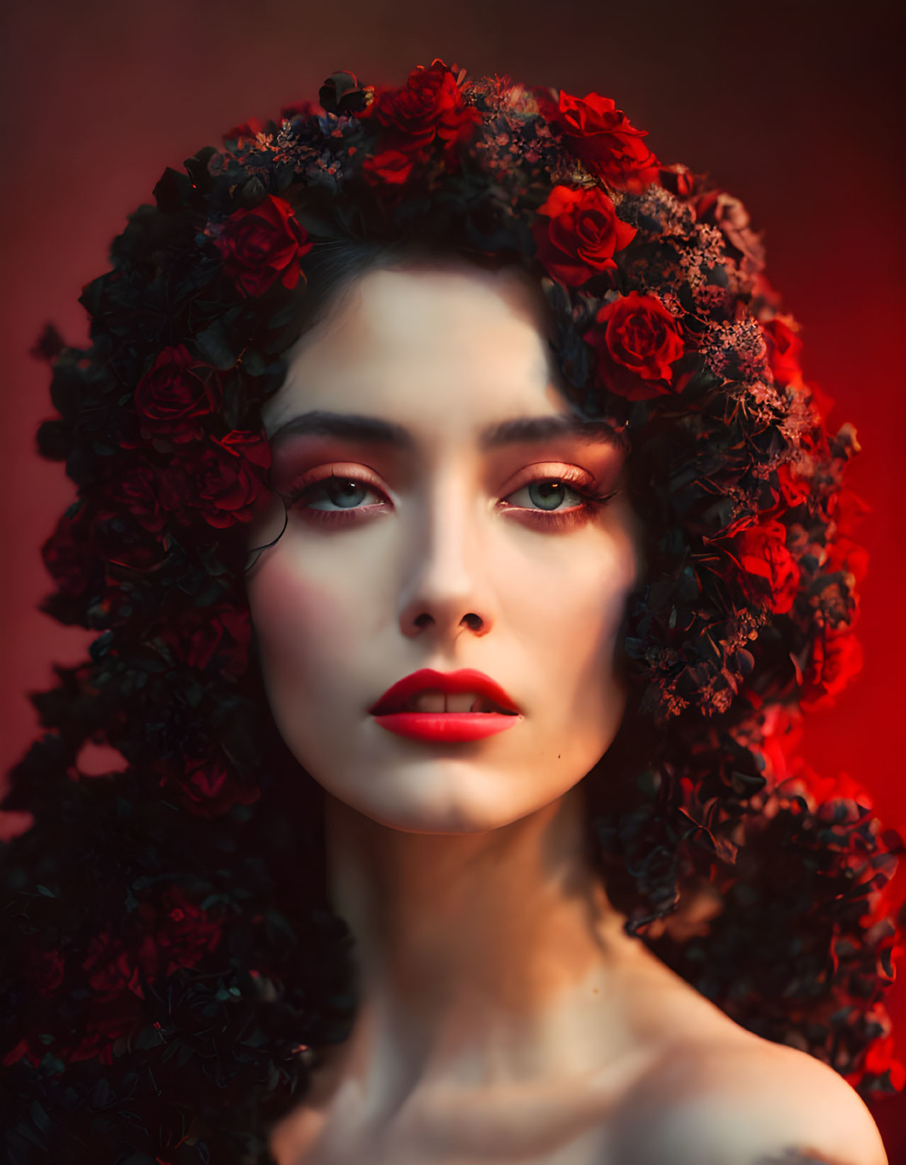 Portrait of woman with dark curly hair and red roses on warm red backdrop