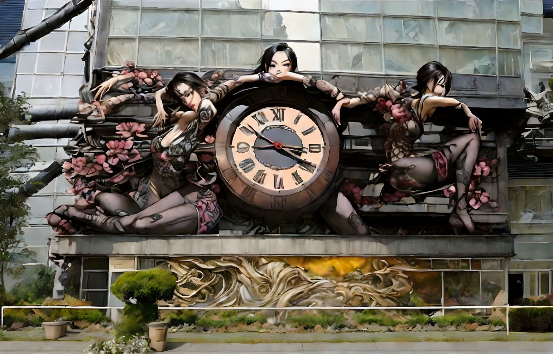 Stylized women and floral motifs mural with ornate clock on building facade