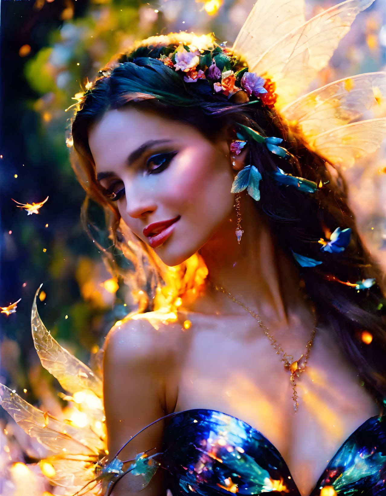 Ethereal woman with flowers, translucent wings, and glowing lights