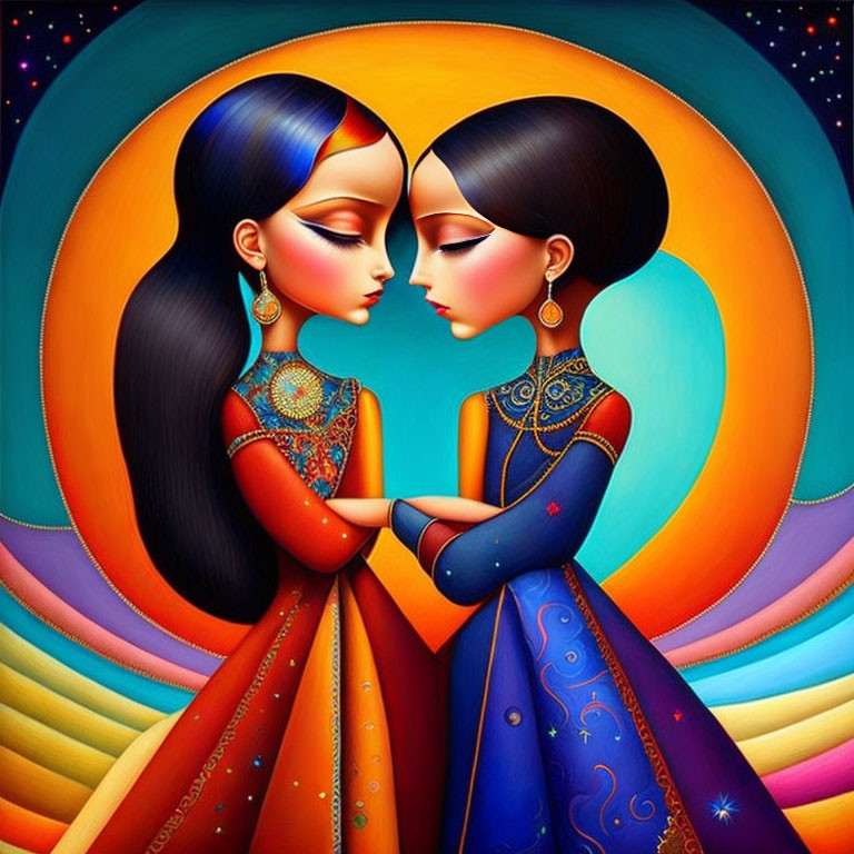 Stylized female figures in vibrant dresses against colorful backdrop