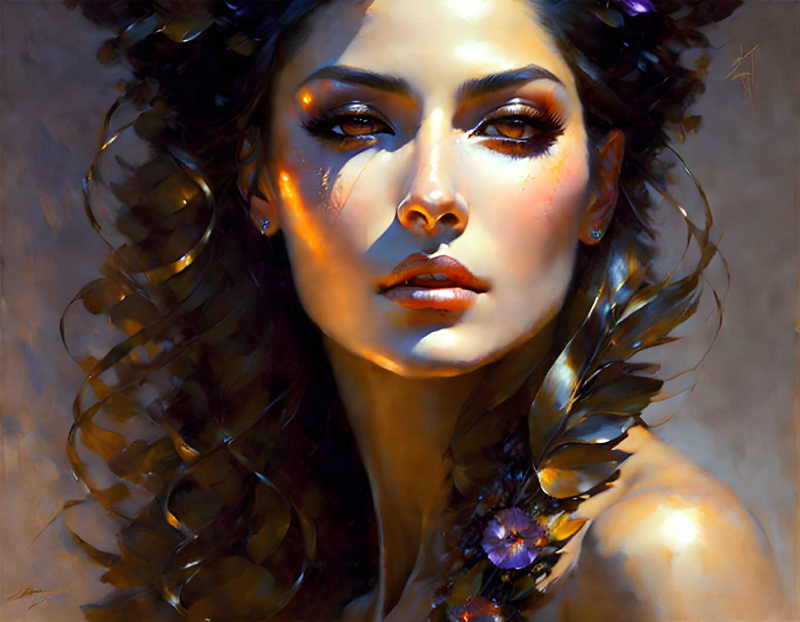 Portrait of woman with curly hair, makeup, and flowers in warm, painterly style