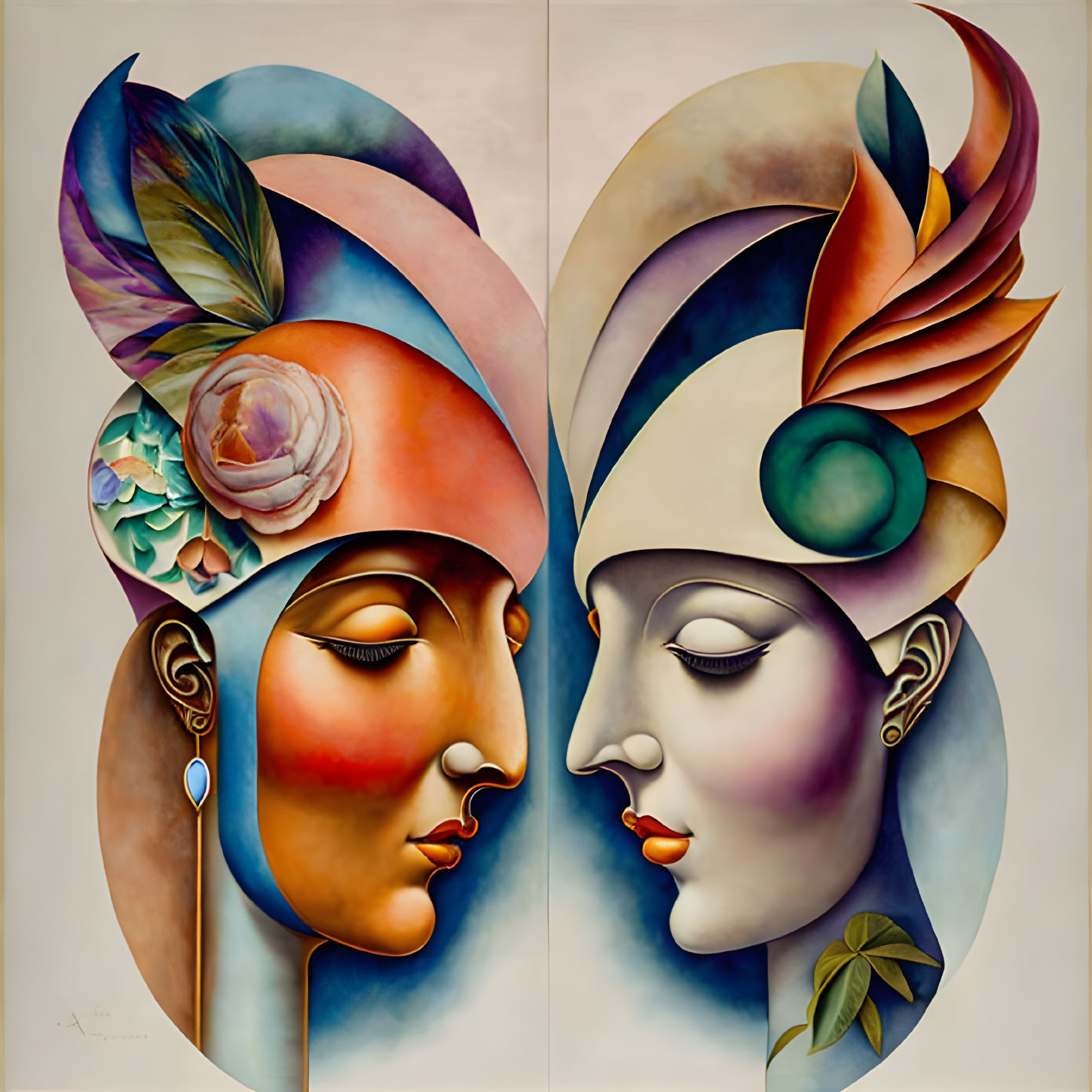 Colorful Art Deco-inspired profile faces with floral motifs in a serene display