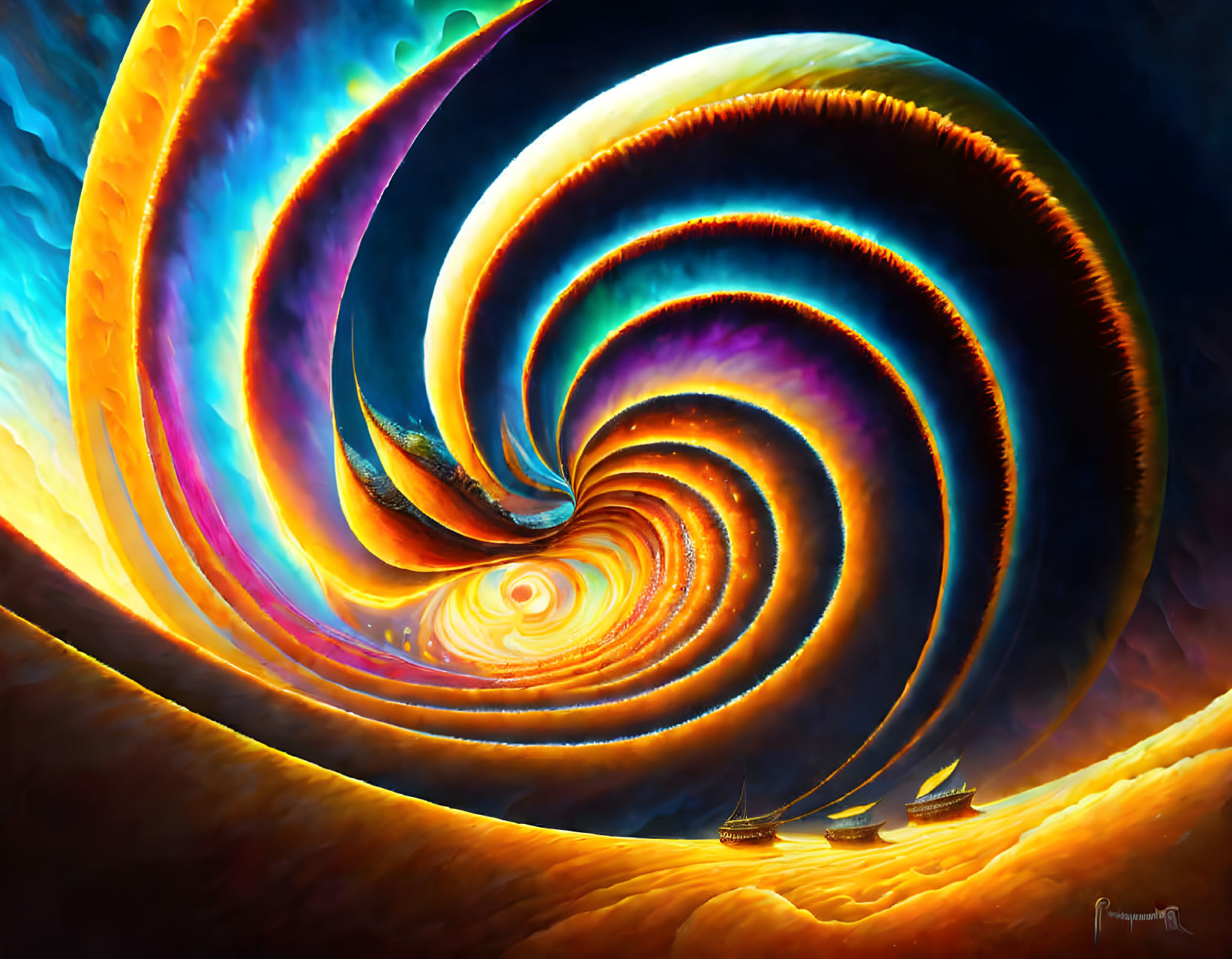 Colorful Digital Art: Swirling Vortex in the Sea with Ships