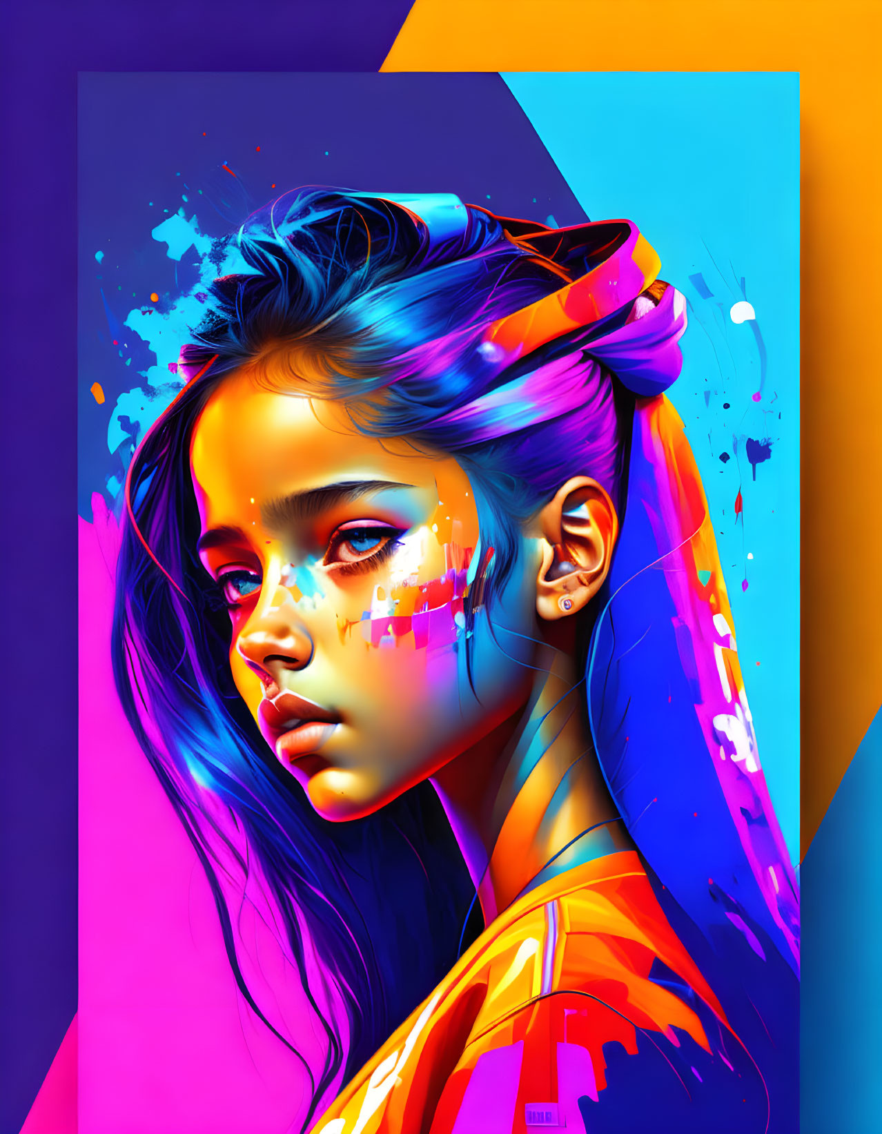 Colorful digital portrait of girl with blue hair on geometric background