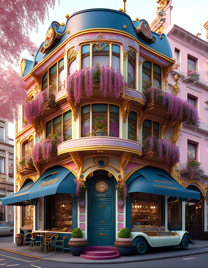 Ornate Building with Blue and Gold Trim, Pink Flowers, and Vintage Car