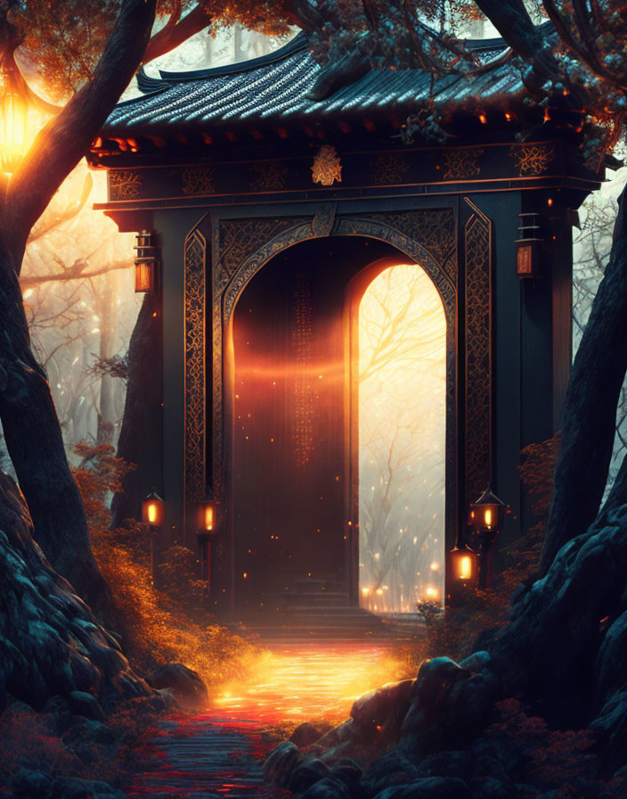 Ornate gate leading to misty path in twilight forest