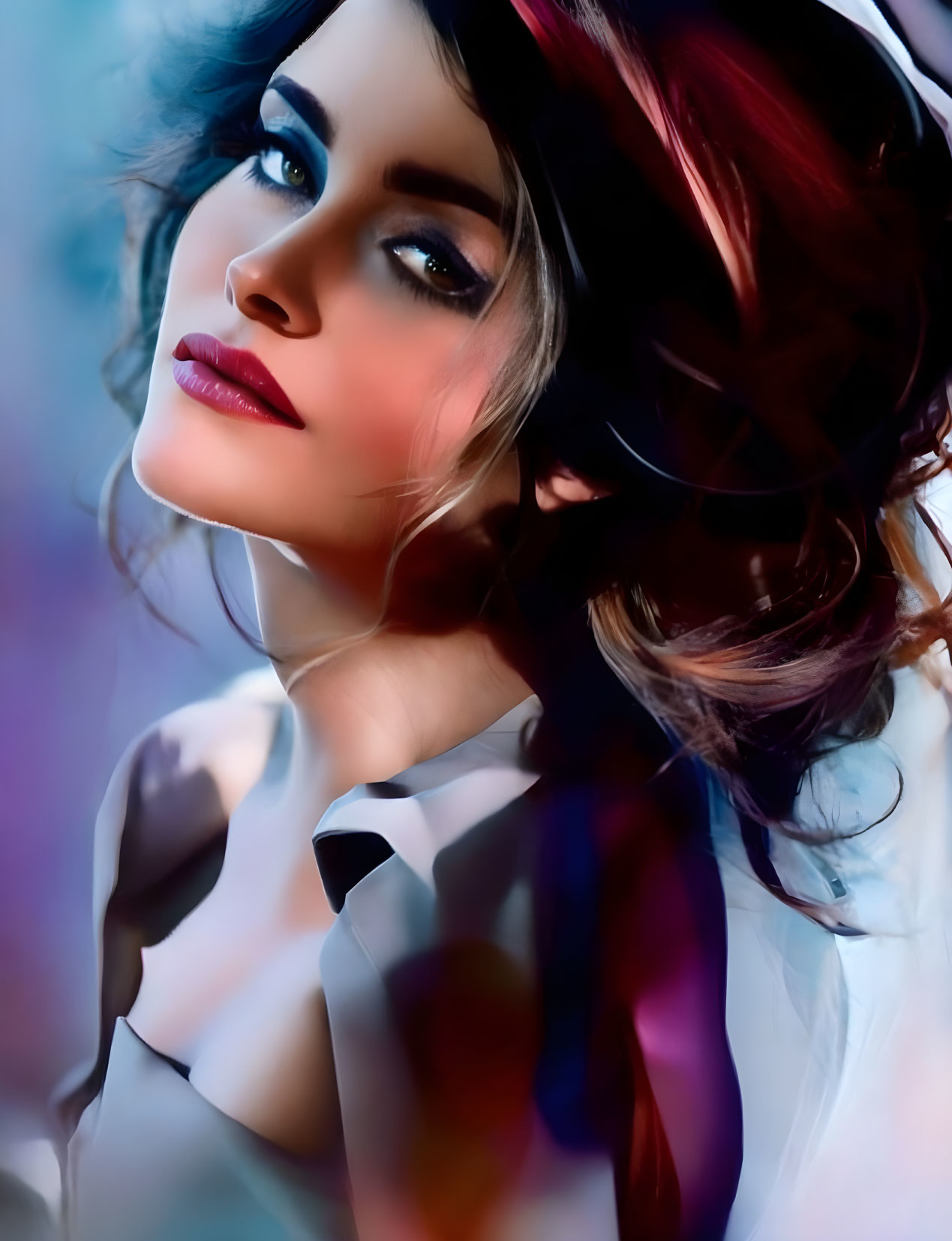 Vibrant stylized portrait of a woman with striking makeup and flowing hair