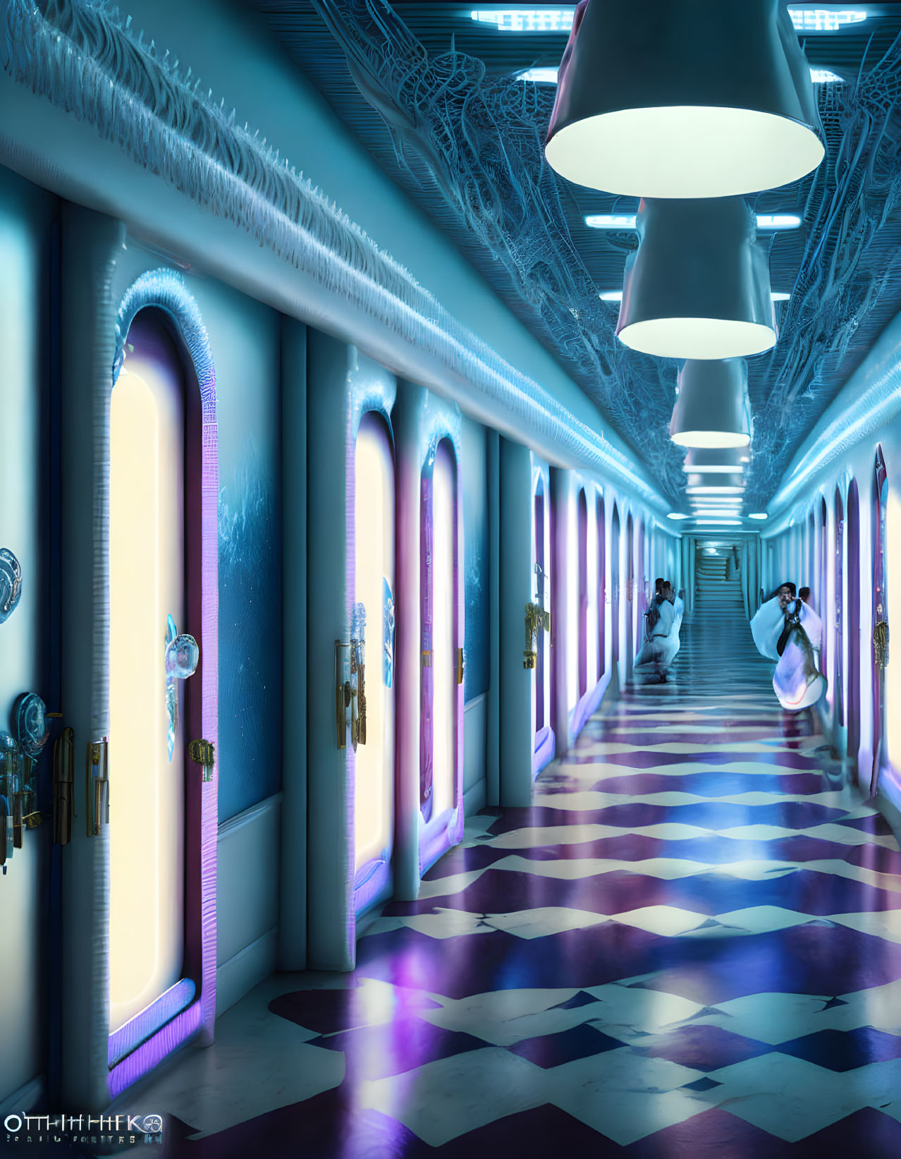 Futuristic corridor with blue lighting, checkerboard floors, and people in white robes walking through illuminated