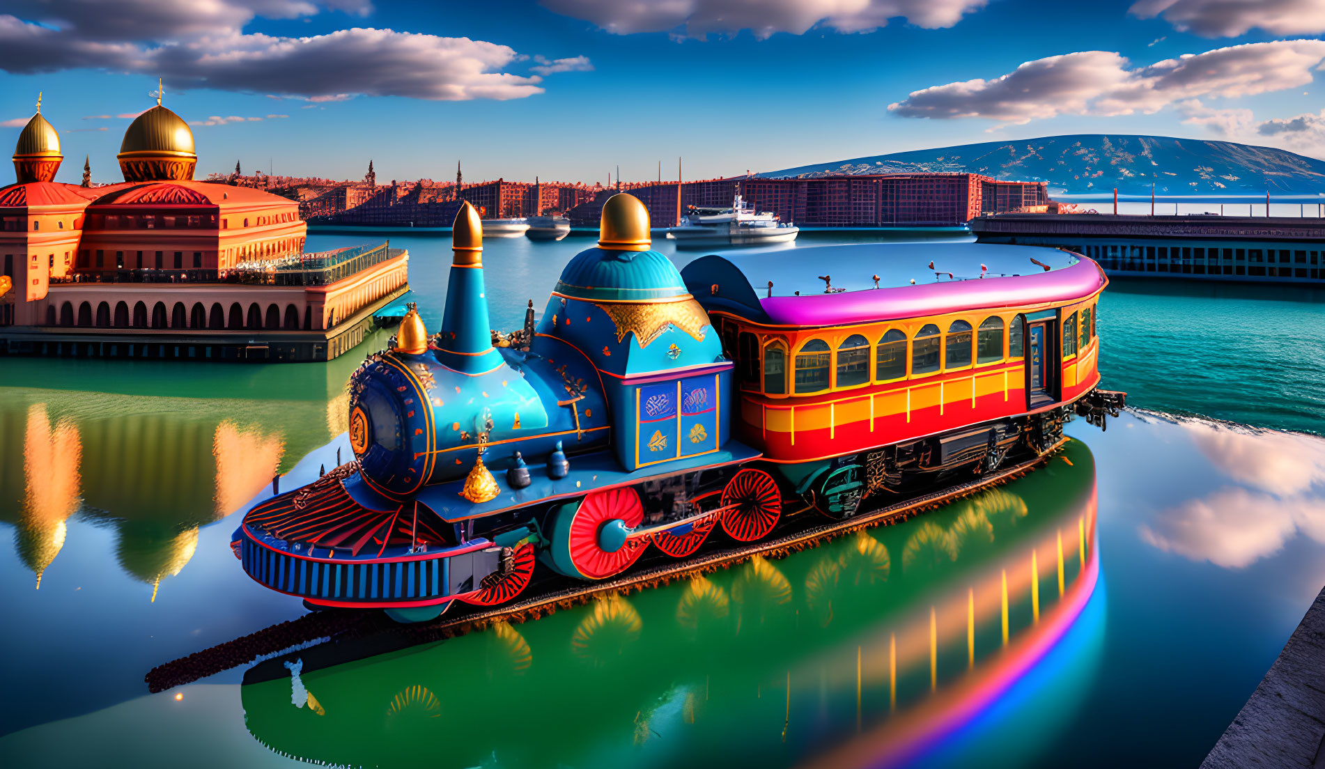 Fantasy-style colorful train traveling over water with ornate buildings in the background