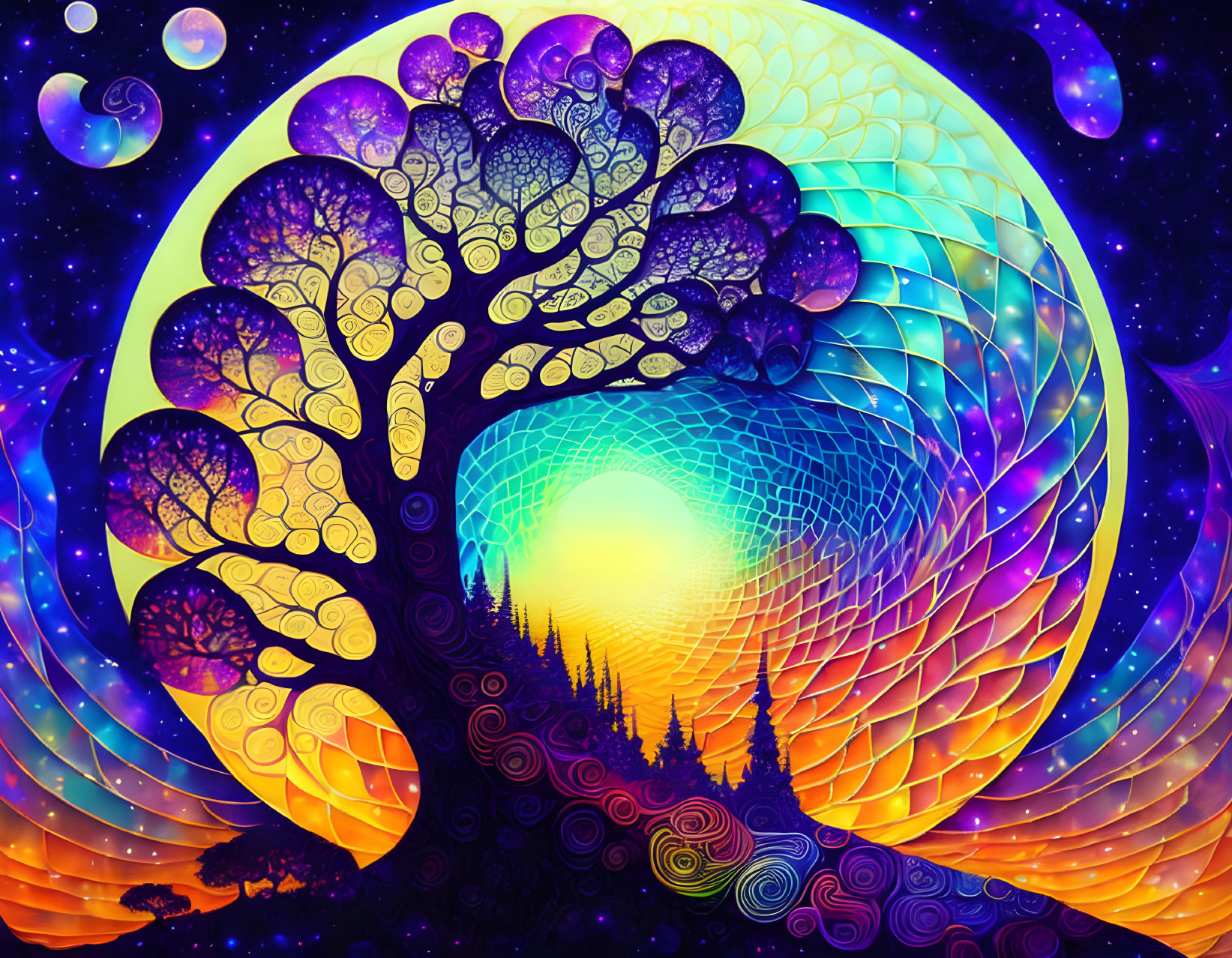 Vibrant artistic depiction of purple leaf tree in cosmic setting