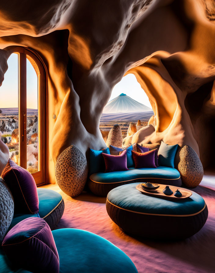 Cozy Lounge with Plush Seating & Desert Sunset View