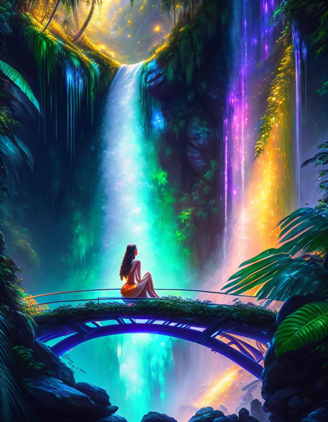 Person Contemplating Colorful Waterfall in Luminous Jungle