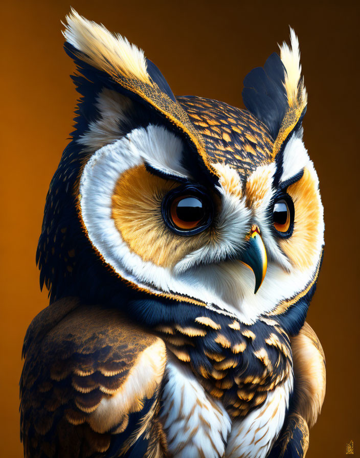 Detailed Digital Illustration: Great Horned Owl with Orange Eyes and Tufted Ears on Orange