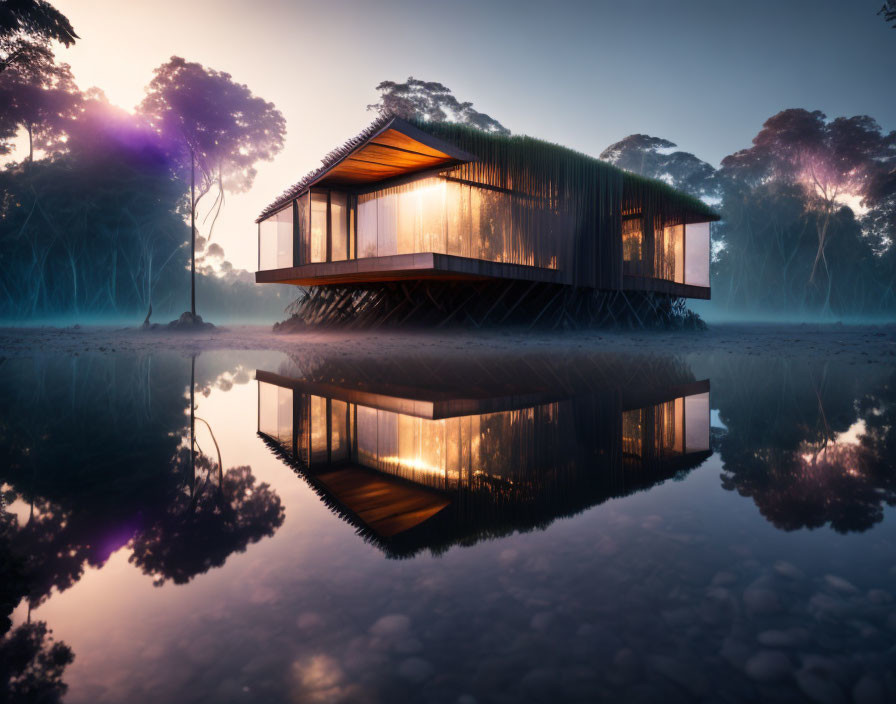 Contemporary illuminated house reflecting on tranquil water in misty forest at dusk